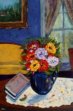 Blue Vase, Flowers and Books by the Window
