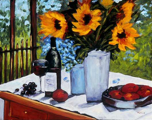 Sunflowers, Wine and Fruits